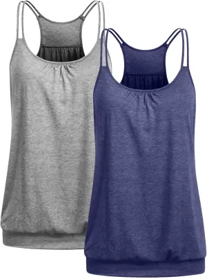 2 Pack Camisole Top for Women Summer Pleated Tank Tops Spaghetti Double Strap Cami Vest Sleeveless Yoga Workout Tops