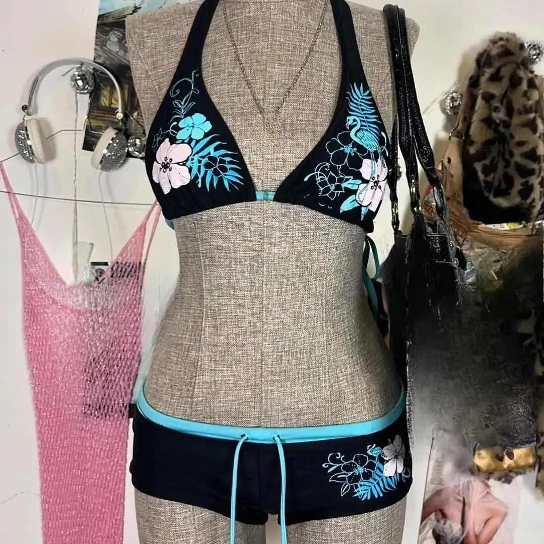 2 Piece Y2k Halter Bikini Shorts Sets Women 2000s Vintage Summer Set Sexy Beach Swimsuit Going Out Outfits