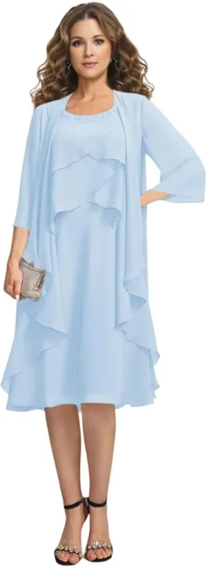 2 Pieces Mother of The Bride Dresses for Wedding Knee Length Tiered Beaded Chiffon Formal Evening Gowns with Jacket