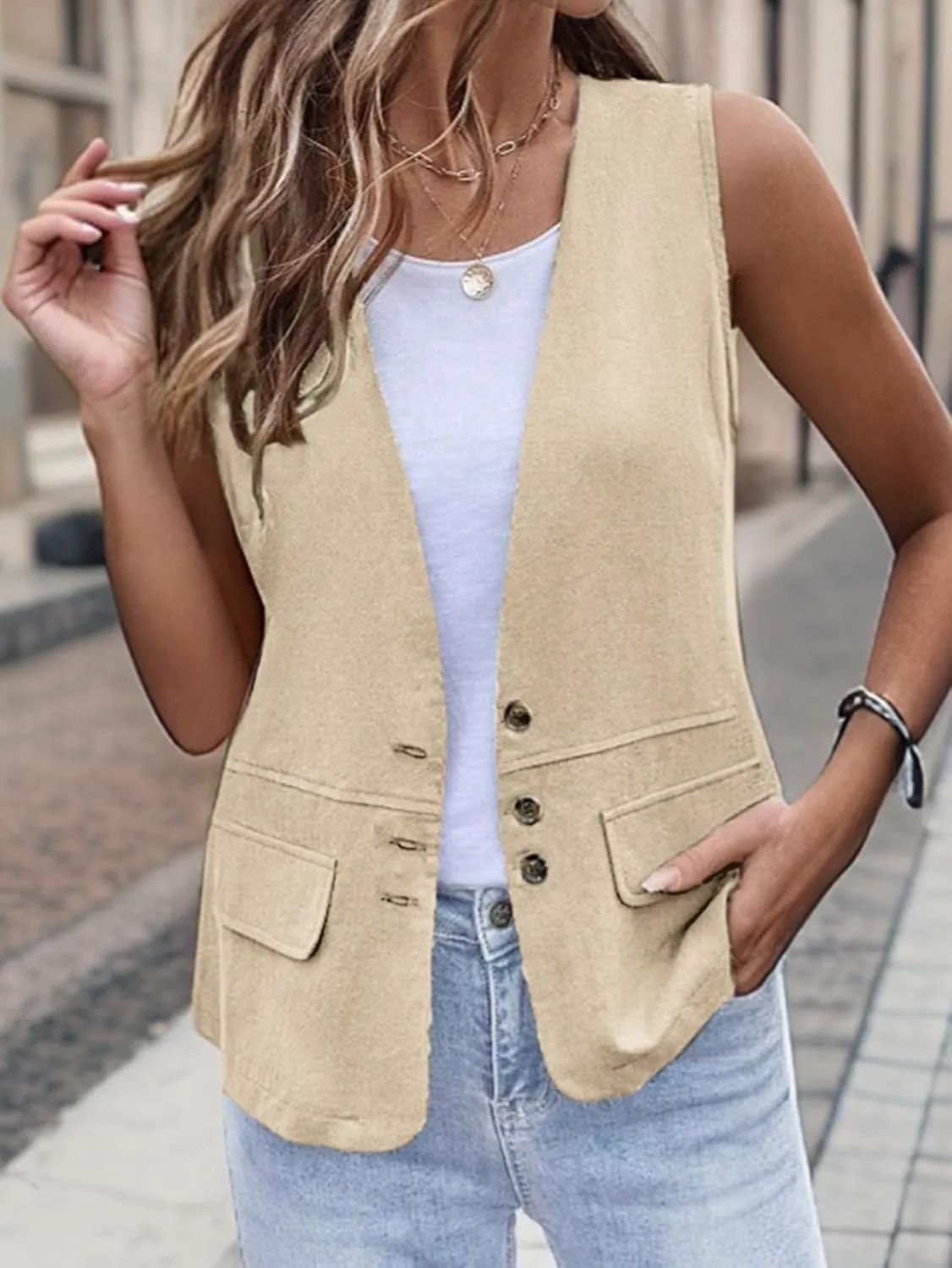 2025 Womens Summer Cotton Linen Vest Sleeveless Lightweight Button Down V-Neck Casual Fashion Work Jacket