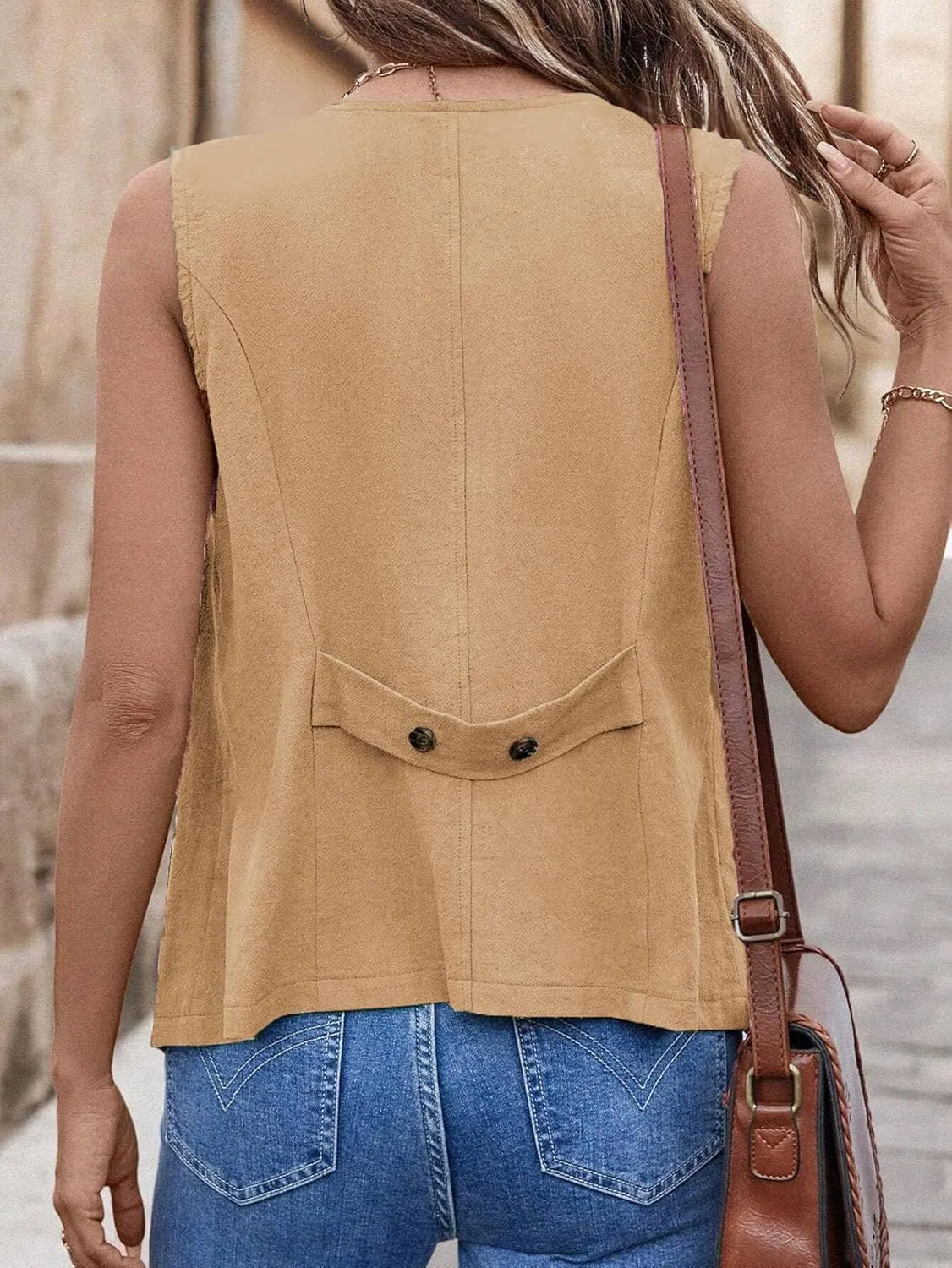 2025 Womens Summer Cotton Linen Vest Sleeveless Lightweight Button Down V-Neck Casual Fashion Work Jacket