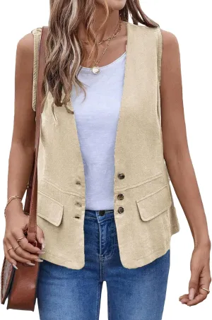 2025 Womens Summer Cotton Linen Vest Sleeveless Lightweight Button Down V-Neck Casual Fashion Work Jacket