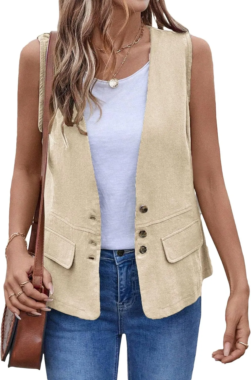 2025 Womens Summer Cotton Linen Vest Sleeveless Lightweight Button Down V-Neck Casual Fashion Work Jacket