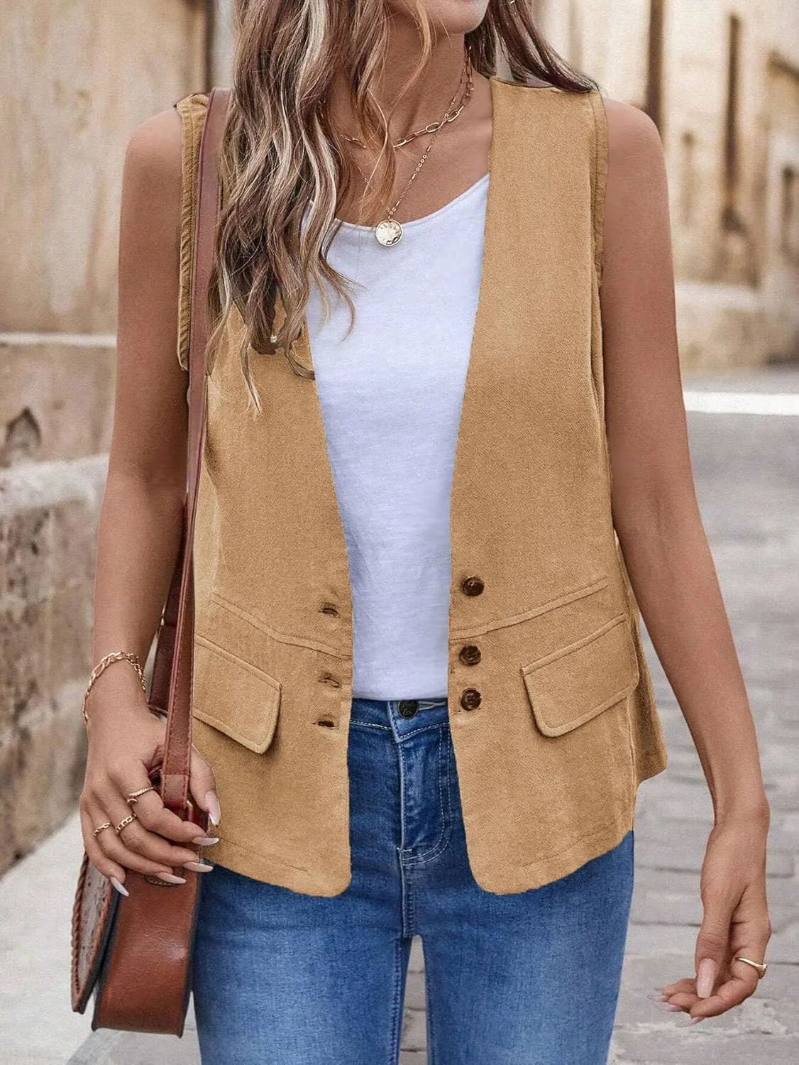 2025 Womens Summer Cotton Linen Vest Sleeveless Lightweight Button Down V-Neck Casual Fashion Work Jacket