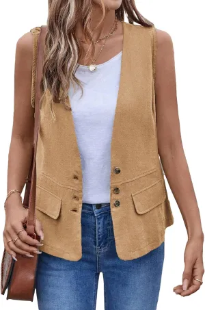2025 Womens Summer Cotton Linen Vest Sleeveless Lightweight Button Down V-Neck Casual Fashion Work Jacket