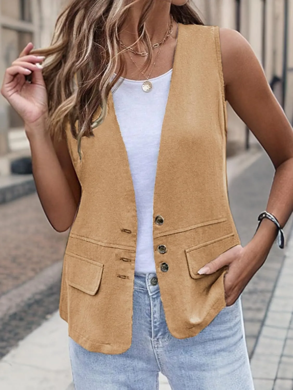 2025 Womens Summer Cotton Linen Vest Sleeveless Lightweight Button Down V-Neck Casual Fashion Work Jacket