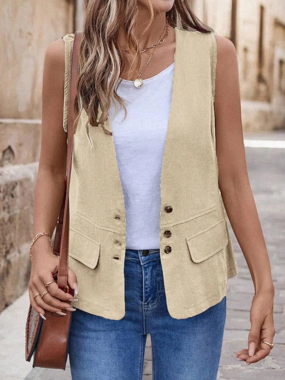 2025 Womens Summer Cotton Linen Vest Sleeveless Lightweight Button Down V-Neck Casual Fashion Work Jacket