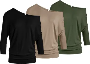 3 Pack Dolman Tops for Women Off The Shoulder Tops Banded Waistband Shirts 3/4 Sleeves Regular and Plus Size Tops Value Pack