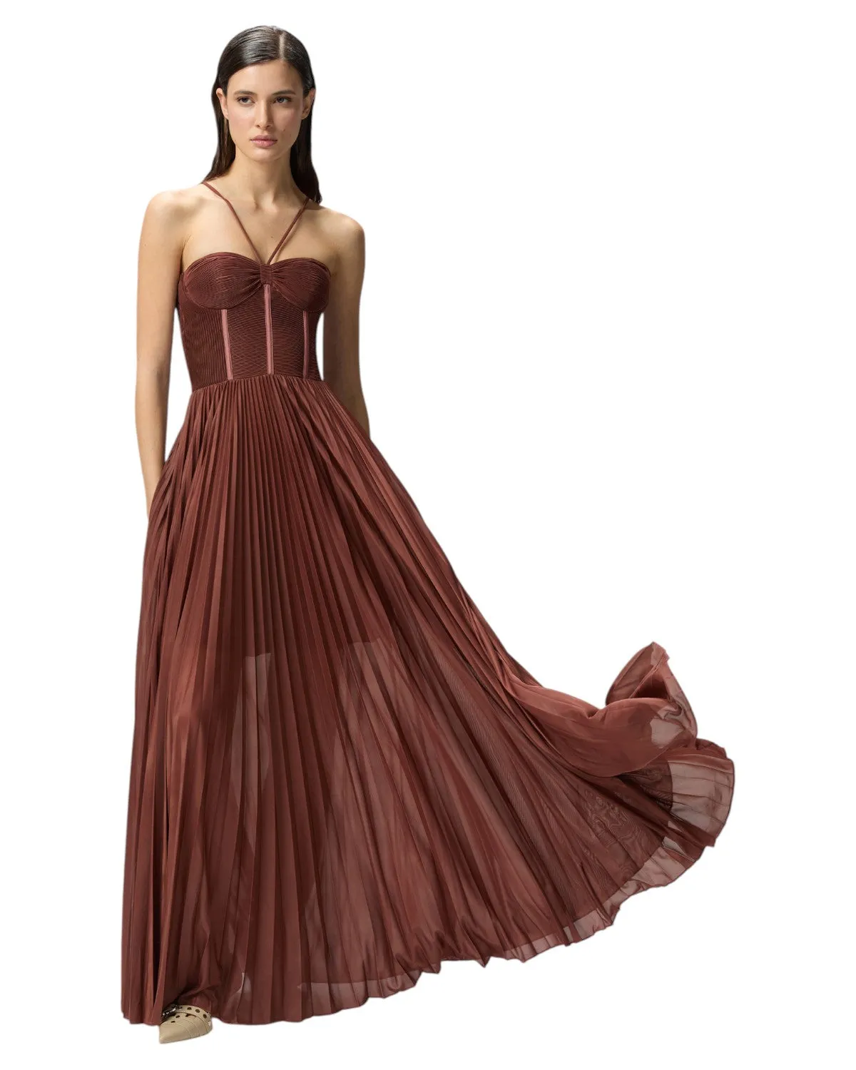 Abito Lungo Elegante Bustier in Jersey Plissé Cicogna