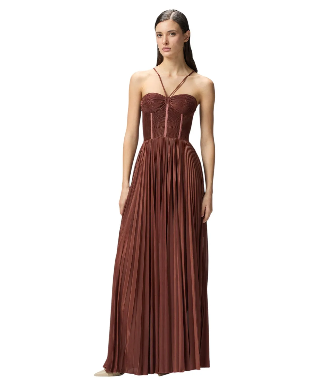 Abito Lungo Elegante Bustier in Jersey Plissé Cicogna