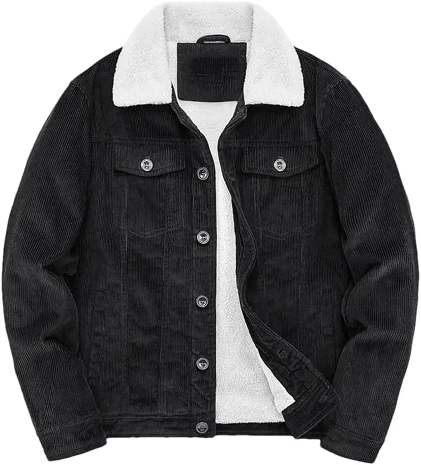 Adhdyuud Male Cotton Padded Warm Jackets Loose Corduroy Short Parka Coat Casual Solid Zip Windbreaker Black 5XL