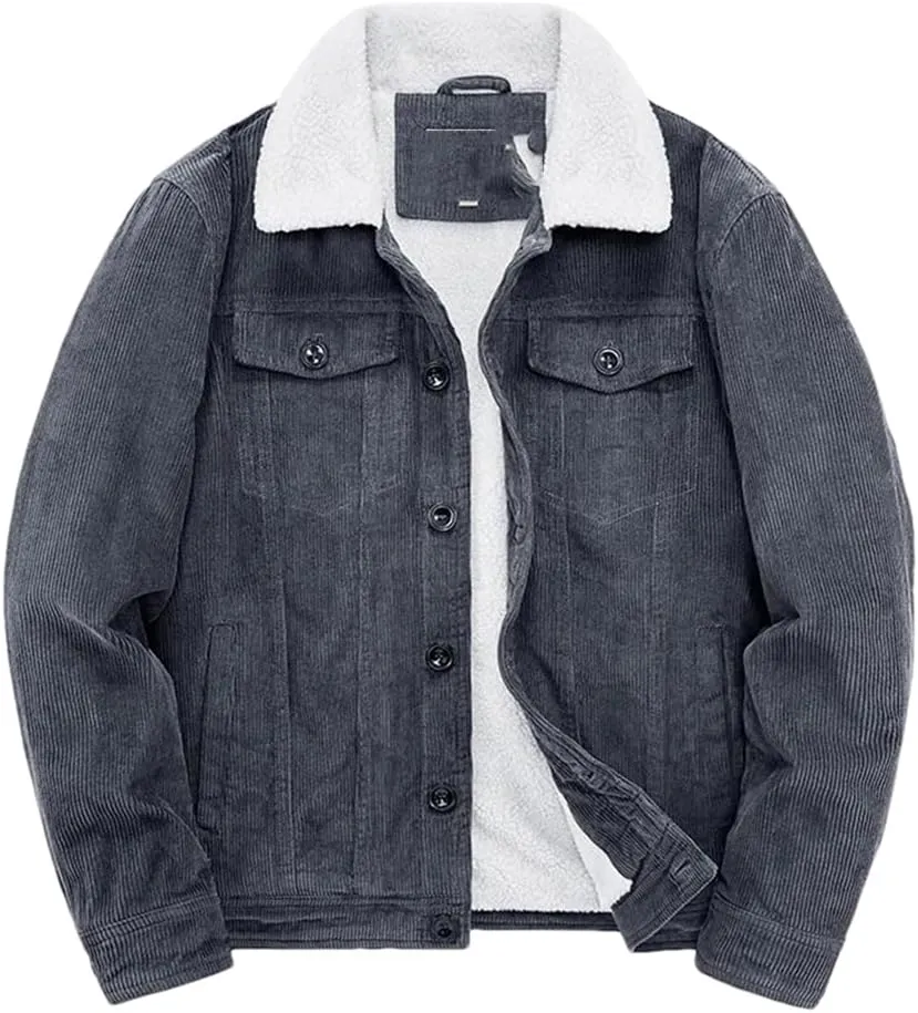 Adhdyuud Male Cotton Padded Warm Jackets Loose Corduroy Short Parka Coat Casual Solid Zip Windbreaker Gray XXXL
