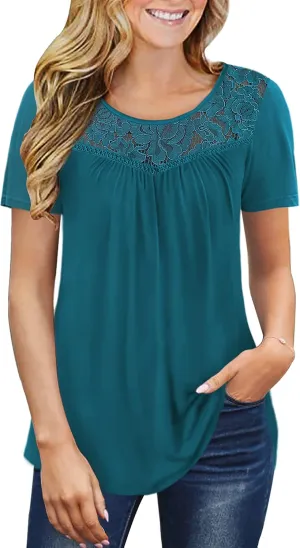 Ahlaray Women's Plus Size Summer Tops Short Sleeve Shirts Lace Pleated Tunic Tops Blouses M-4XL
