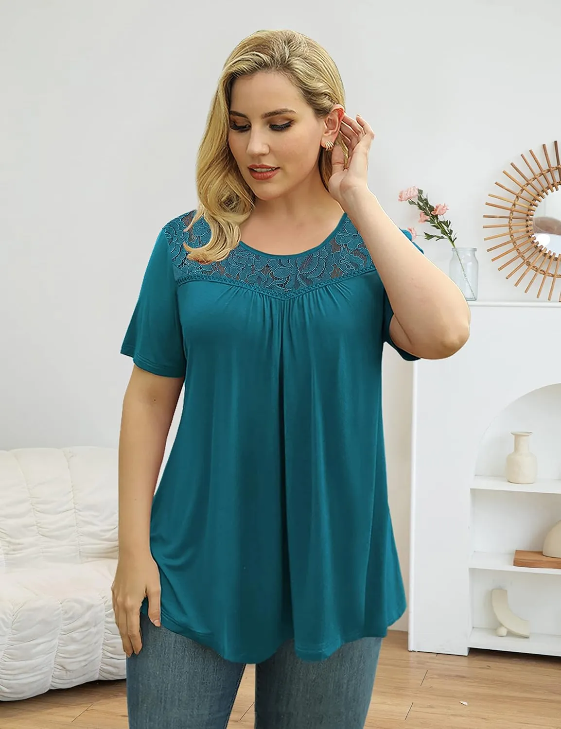 Ahlaray Women's Plus Size Summer Tops Short Sleeve Shirts Lace Pleated Tunic Tops Blouses M-4XL