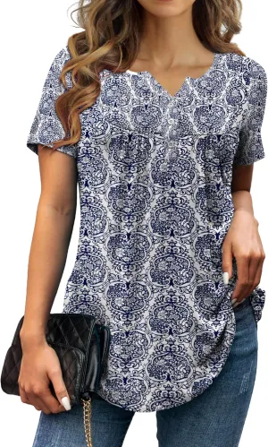 a.Jesdani Womens Summer Plus Size Tunic Tops Short Sleeve Blouses Casual Floral Henley Shirts