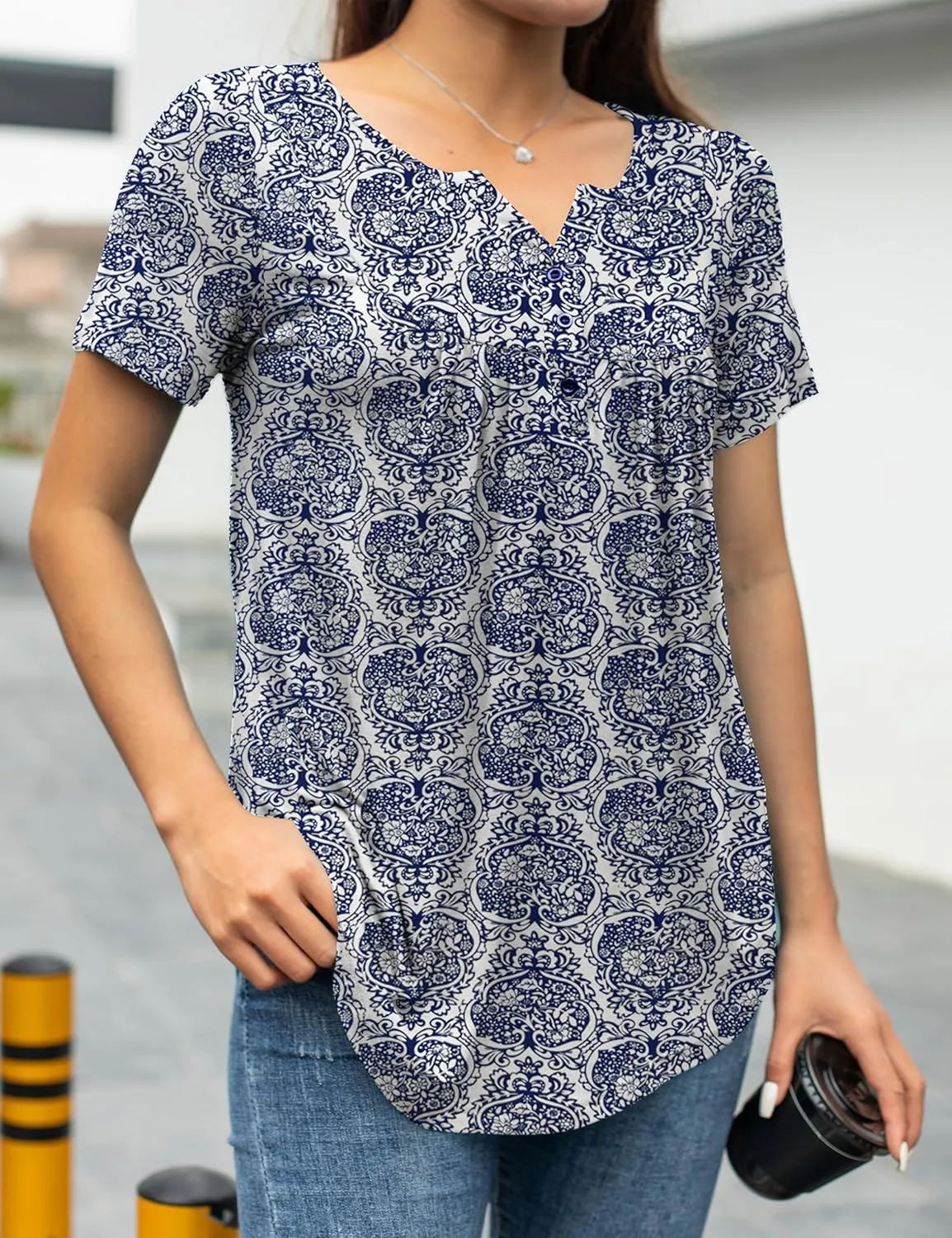 a.Jesdani Womens Summer Plus Size Tunic Tops Short Sleeve Blouses Casual Floral Henley Shirts