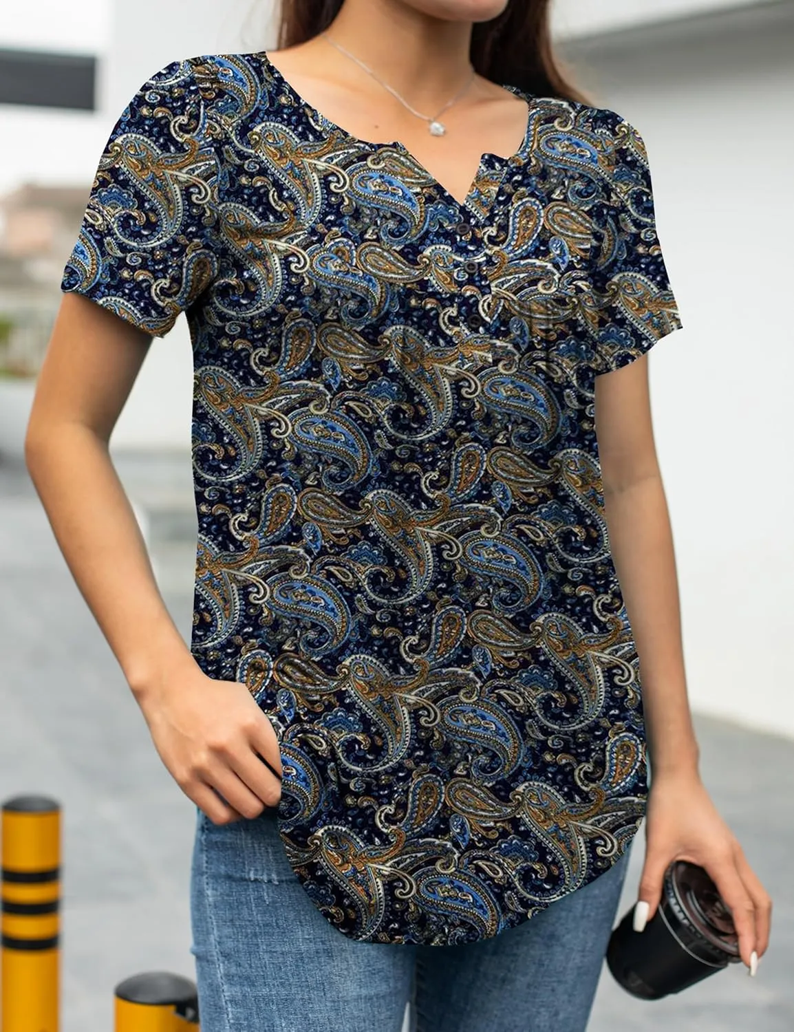 a.Jesdani Womens Summer Plus Size Tunic Tops Short Sleeve Blouses Casual Floral Henley Shirts