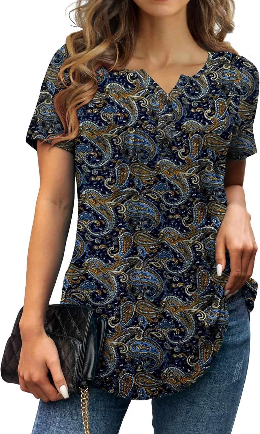 a.Jesdani Womens Summer Plus Size Tunic Tops Short Sleeve Blouses Casual Floral Henley Shirts