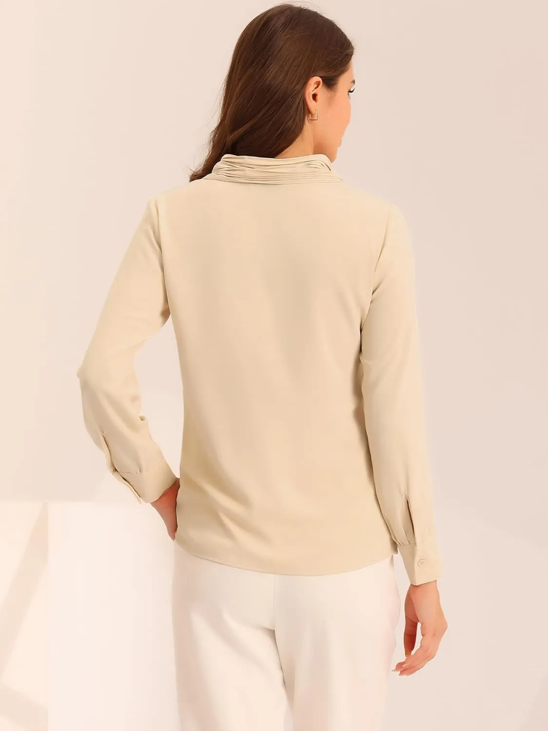 Allegra K Women's Dressy Long Sleeve Blouses Chiffon Pleated Tie Neck Office Top Shirt
