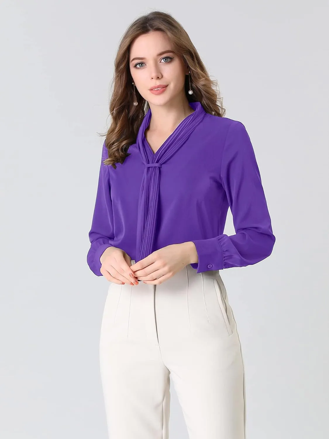 Allegra K Women's Dressy Long Sleeve Blouses Chiffon Pleated Tie Neck Office Top Shirt