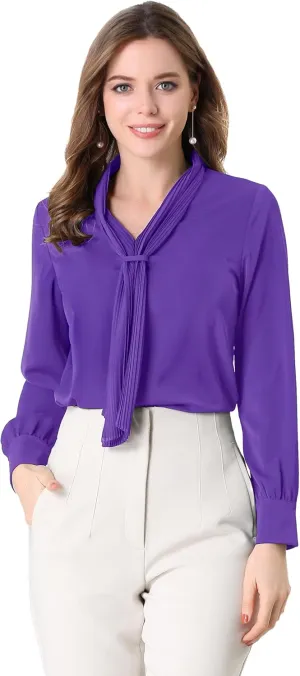 Allegra K Women's Dressy Long Sleeve Blouses Chiffon Pleated Tie Neck Office Top Shirt
