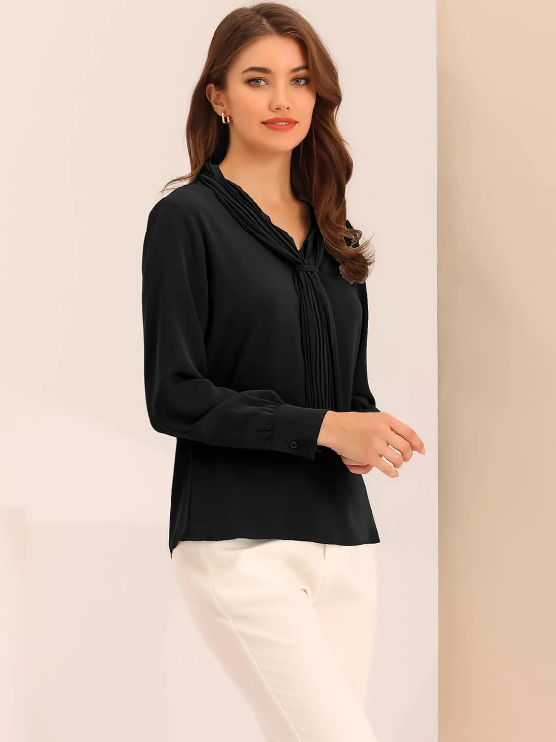 Allegra K Women's Dressy Long Sleeve Blouses Chiffon Pleated Tie Neck Office Top Shirt