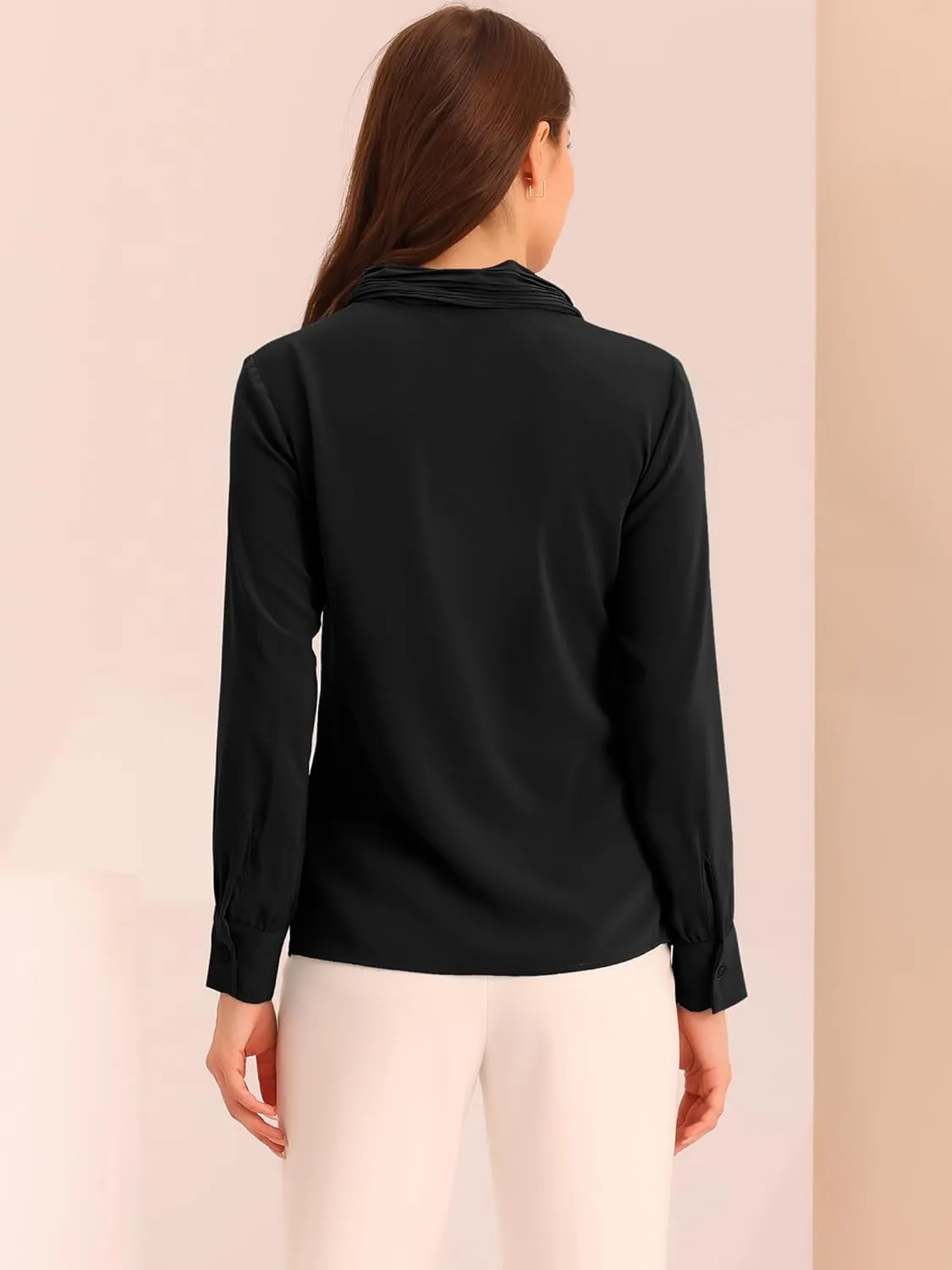 Allegra K Women's Dressy Long Sleeve Blouses Chiffon Pleated Tie Neck Office Top Shirt