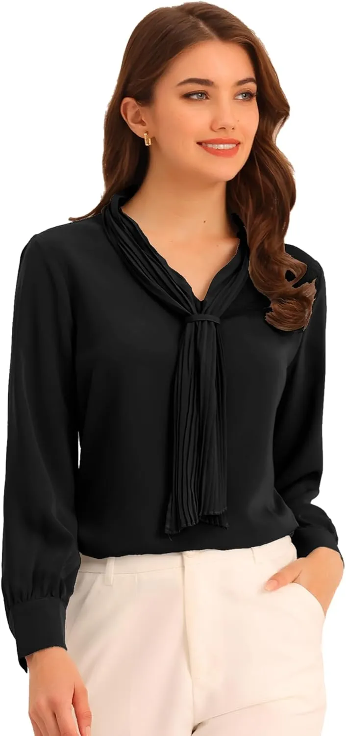 Allegra K Women's Dressy Long Sleeve Blouses Chiffon Pleated Tie Neck Office Top Shirt