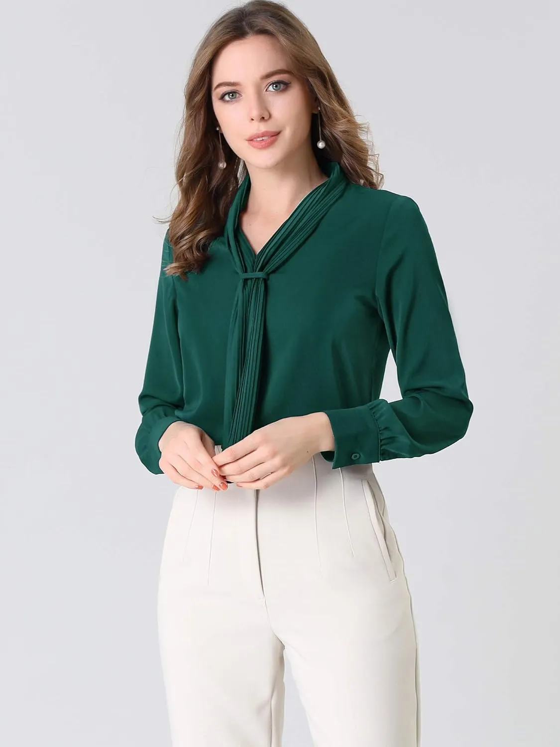 Allegra K Women's Dressy Long Sleeve Blouses Chiffon Pleated Tie Neck Office Top Shirt