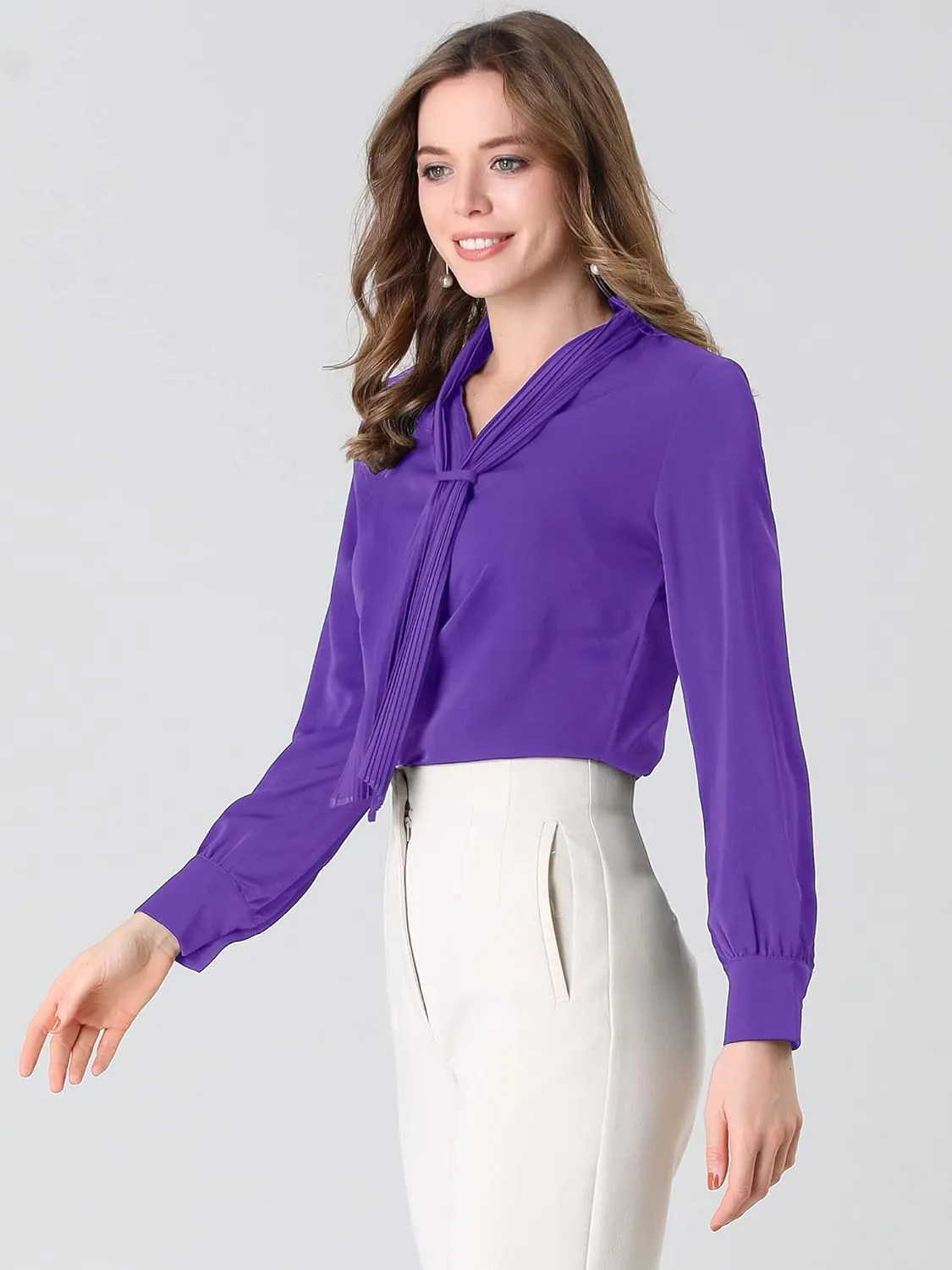 Allegra K Women's Dressy Long Sleeve Blouses Chiffon Pleated Tie Neck Office Top Shirt
