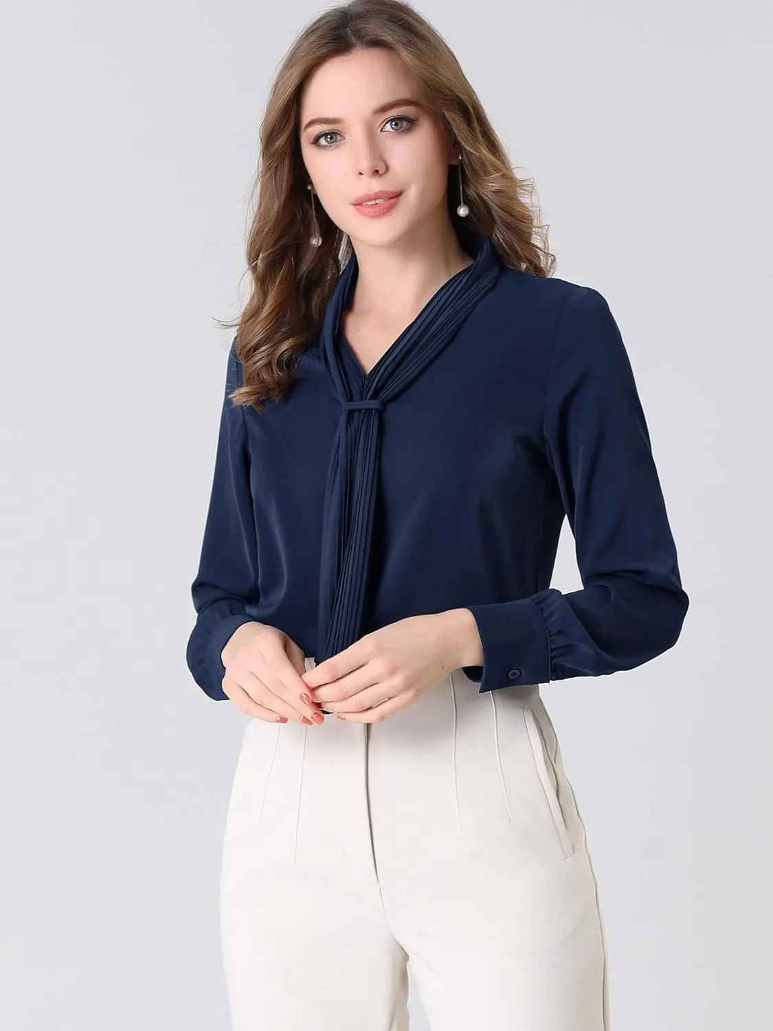 Allegra K Women's Dressy Long Sleeve Blouses Chiffon Pleated Tie Neck Office Top Shirt