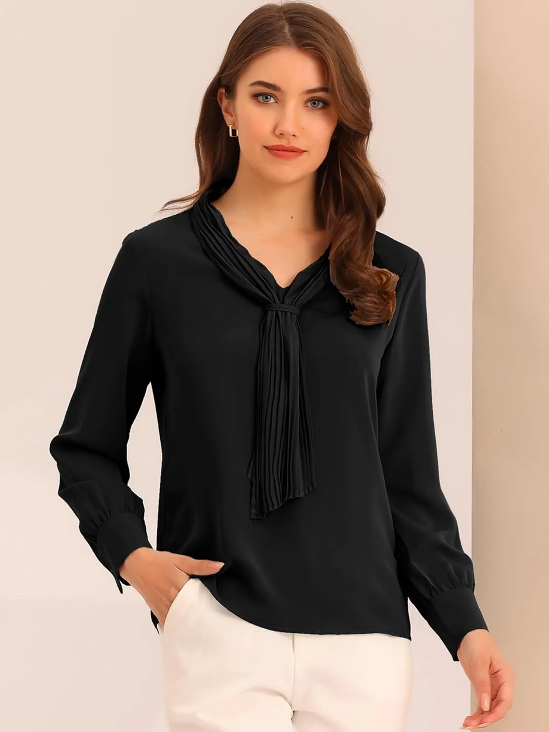 Allegra K Women's Dressy Long Sleeve Blouses Chiffon Pleated Tie Neck Office Top Shirt