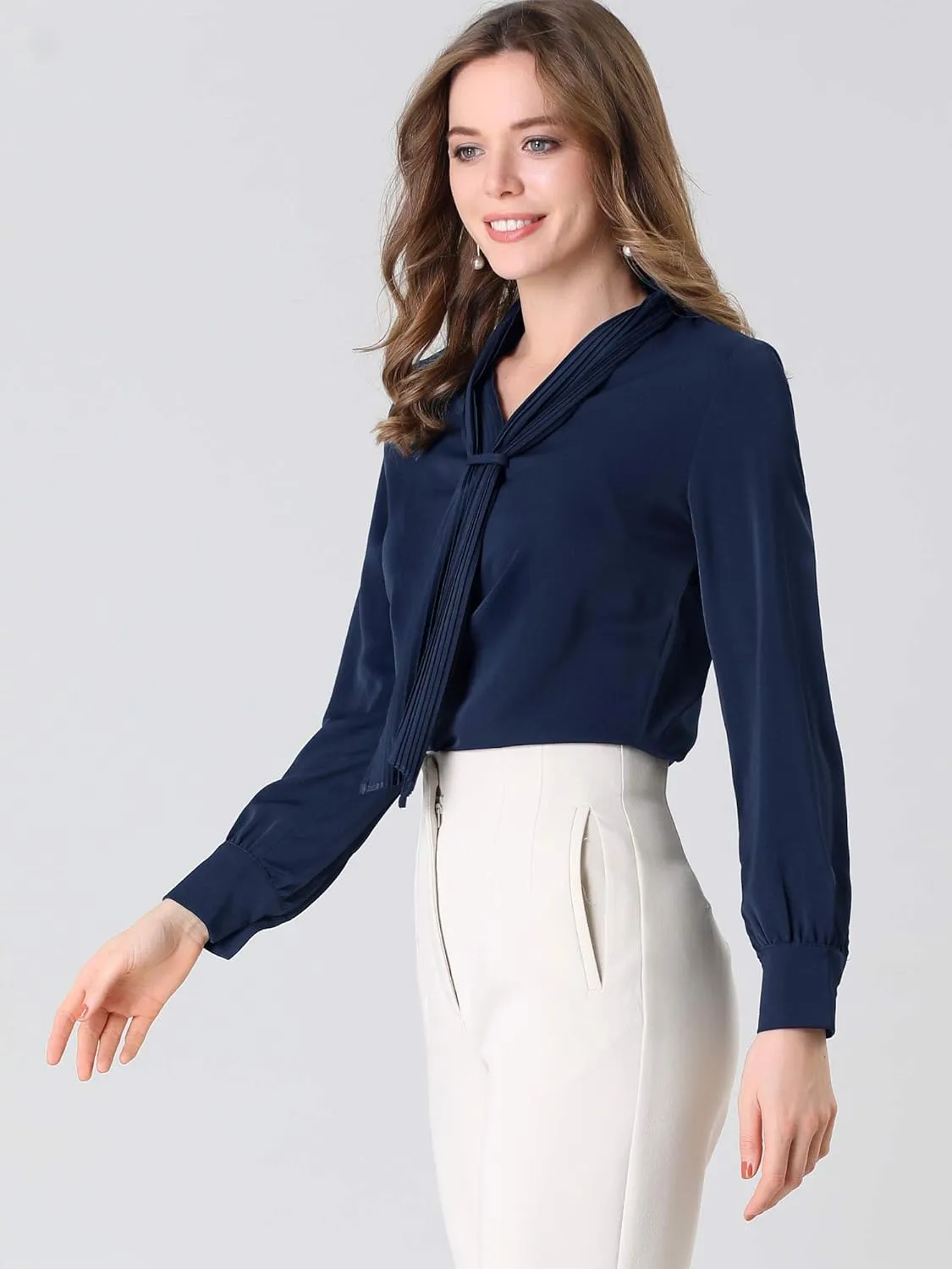 Allegra K Women's Dressy Long Sleeve Blouses Chiffon Pleated Tie Neck Office Top Shirt