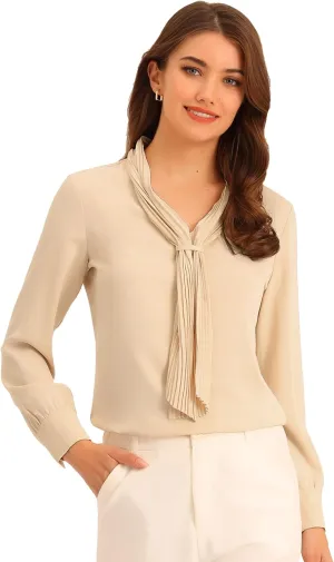 Allegra K Women's Dressy Long Sleeve Blouses Chiffon Pleated Tie Neck Office Top Shirt