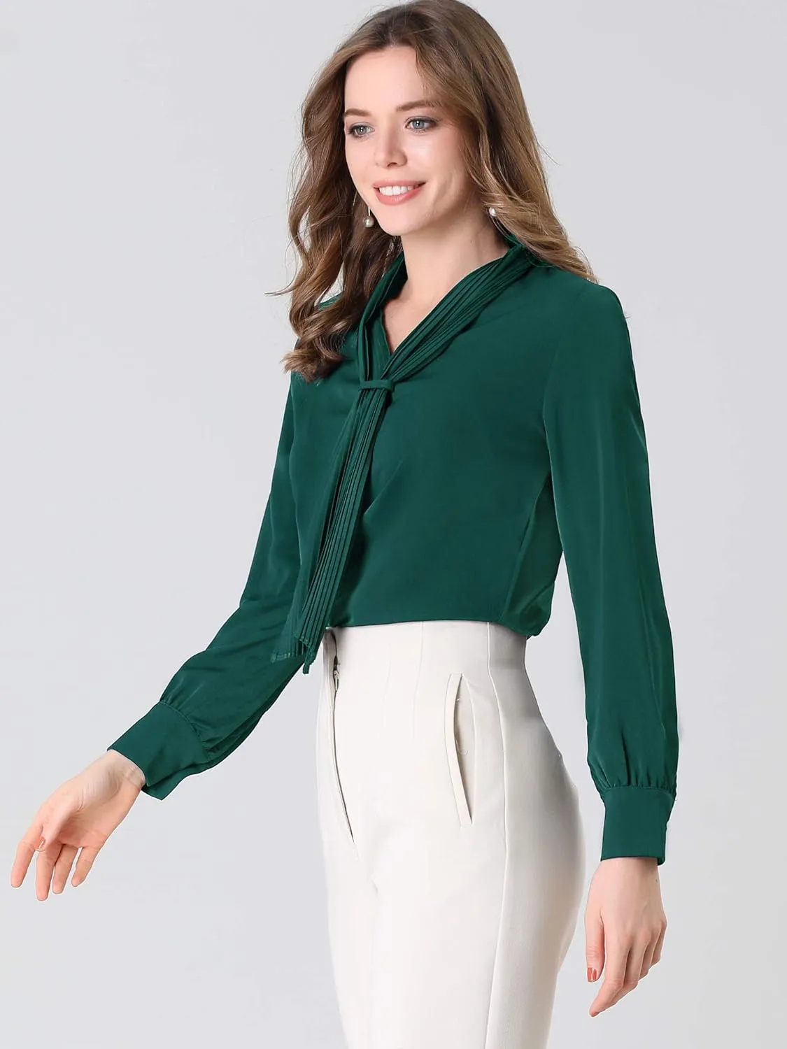 Allegra K Women's Dressy Long Sleeve Blouses Chiffon Pleated Tie Neck Office Top Shirt