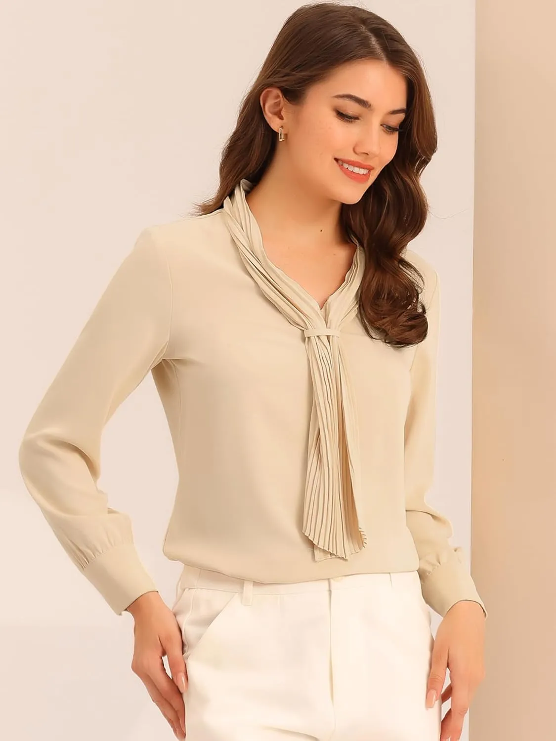 Allegra K Women's Dressy Long Sleeve Blouses Chiffon Pleated Tie Neck Office Top Shirt