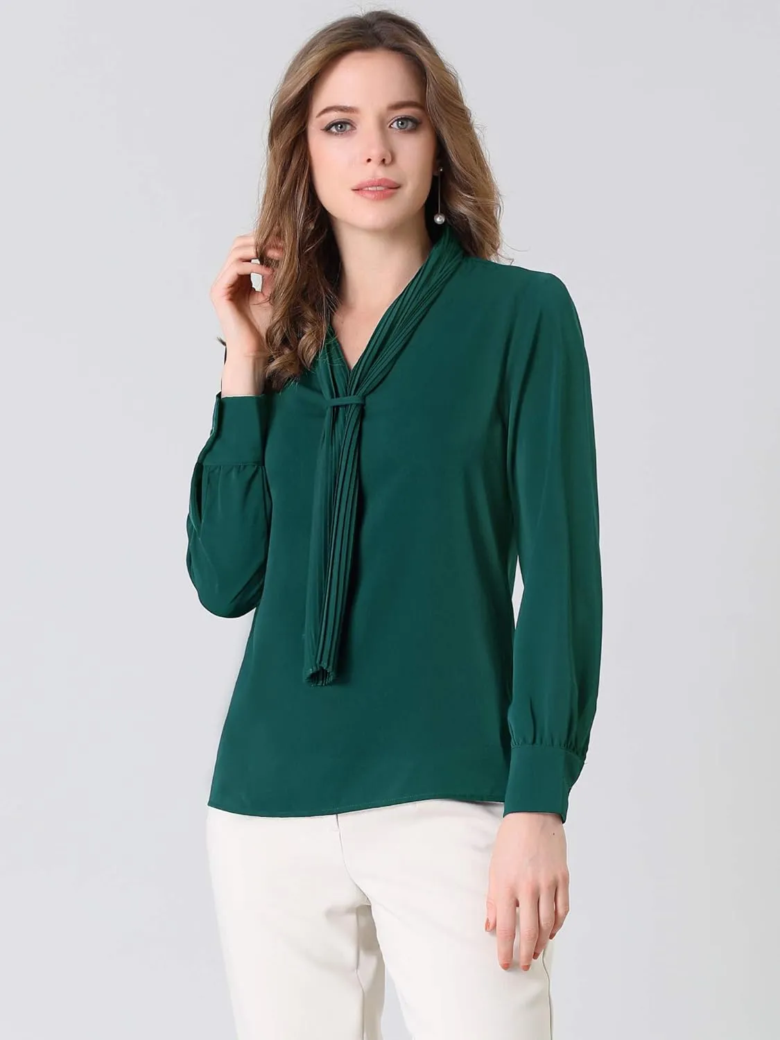 Allegra K Women's Dressy Long Sleeve Blouses Chiffon Pleated Tie Neck Office Top Shirt