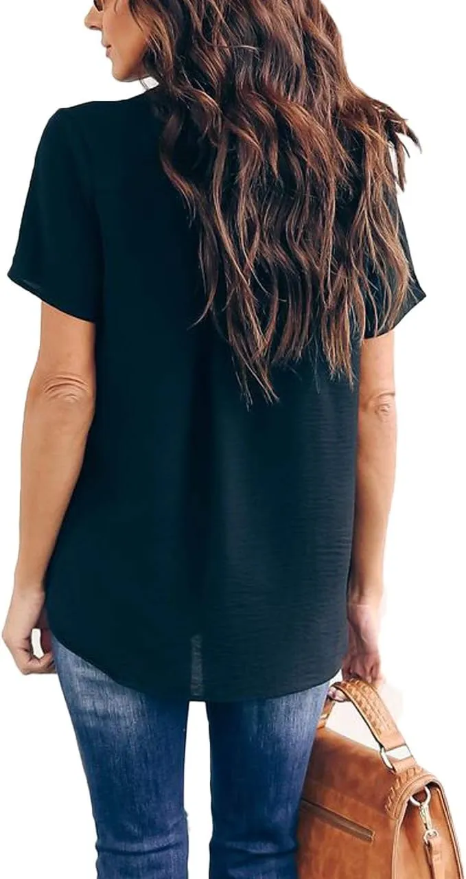 Allimy Women Summer Casual Split V Neckline Chiffon Blouses Loose Tunic Short Sleeve Tops