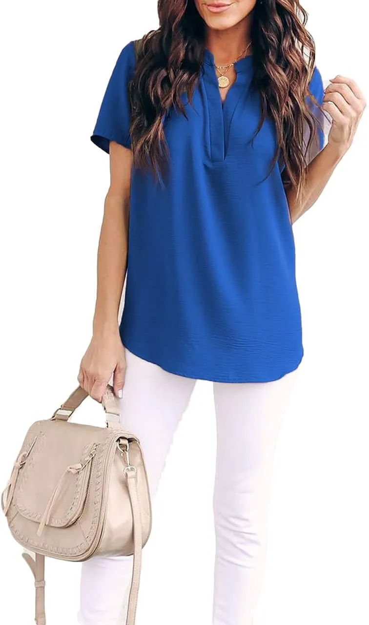Allimy Women Summer Casual Split V Neckline Chiffon Blouses Loose Tunic Short Sleeve Tops
