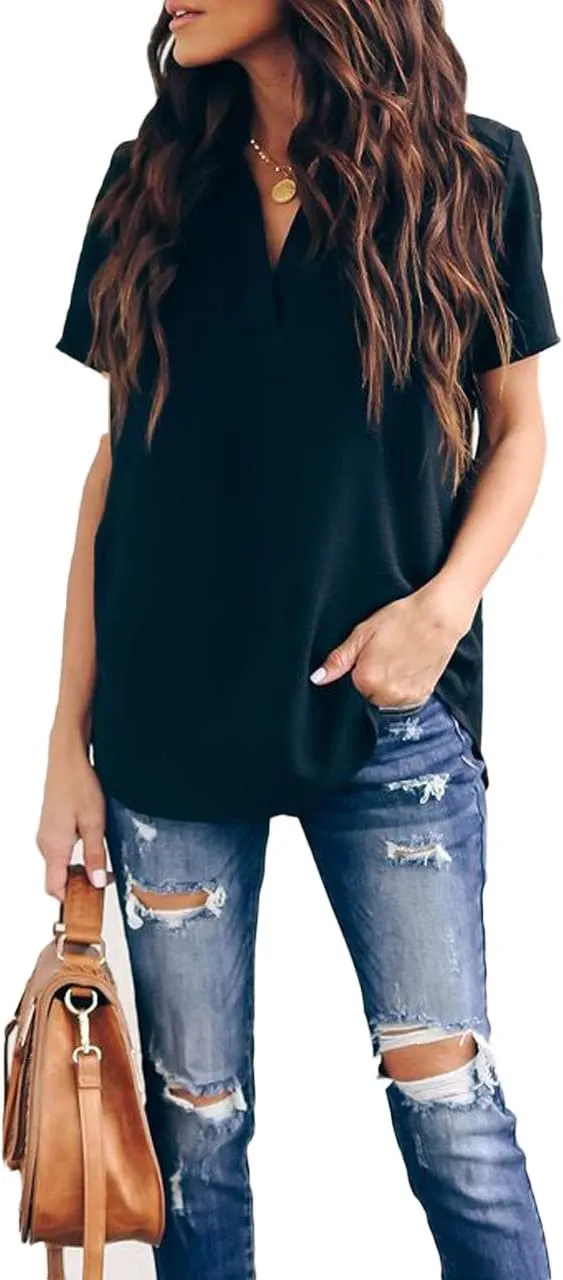 Allimy Women Summer Casual Split V Neckline Chiffon Blouses Loose Tunic Short Sleeve Tops