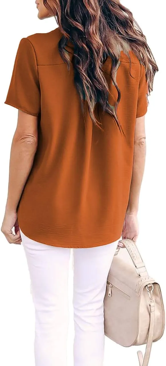 Allimy Women Summer Casual Split V Neckline Chiffon Blouses Loose Tunic Short Sleeve Tops