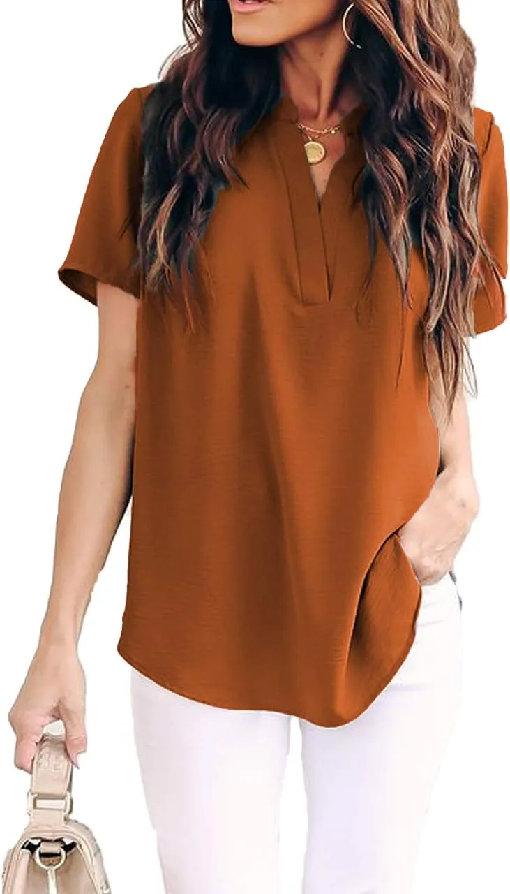 Allimy Women Summer Casual Split V Neckline Chiffon Blouses Loose Tunic Short Sleeve Tops