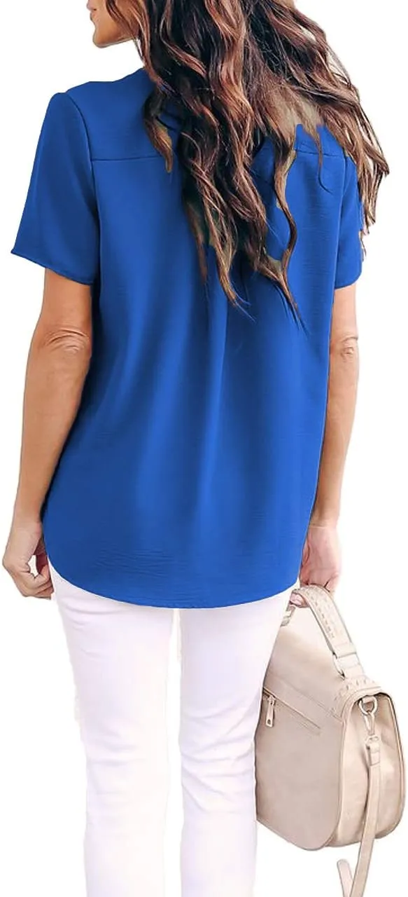 Allimy Women Summer Casual Split V Neckline Chiffon Blouses Loose Tunic Short Sleeve Tops