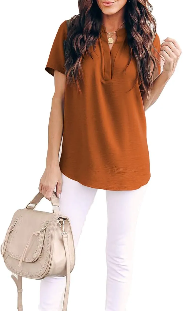 Allimy Women Summer Casual Split V Neckline Chiffon Blouses Loose Tunic Short Sleeve Tops