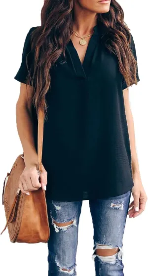 Allimy Women Summer Casual Split V Neckline Chiffon Blouses Loose Tunic Short Sleeve Tops