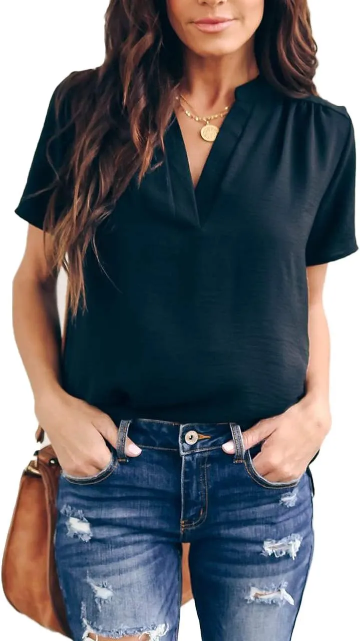 Allimy Women Summer Casual Split V Neckline Chiffon Blouses Loose Tunic Short Sleeve Tops