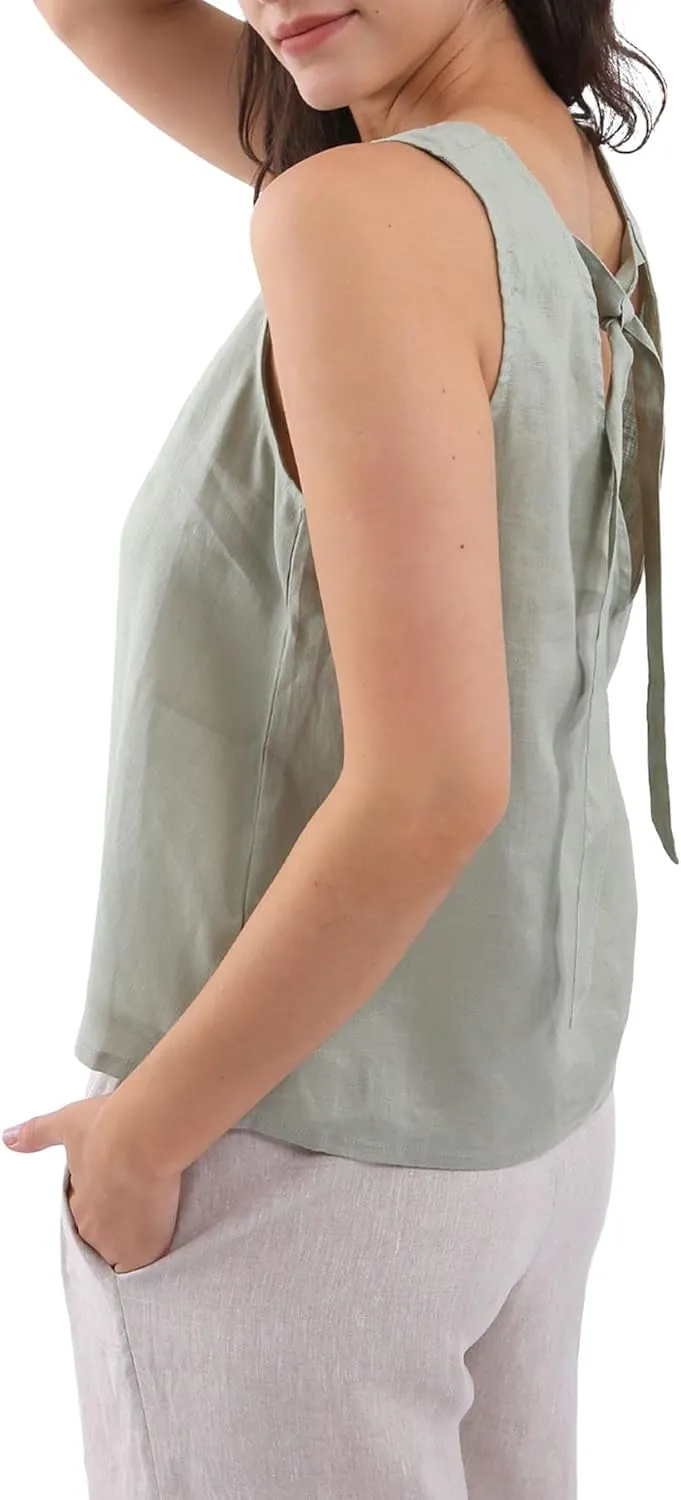 Amazhiyu Women's 100% Linen Tank Tops Summer V Neck Sleeveless Tie Back Blouses