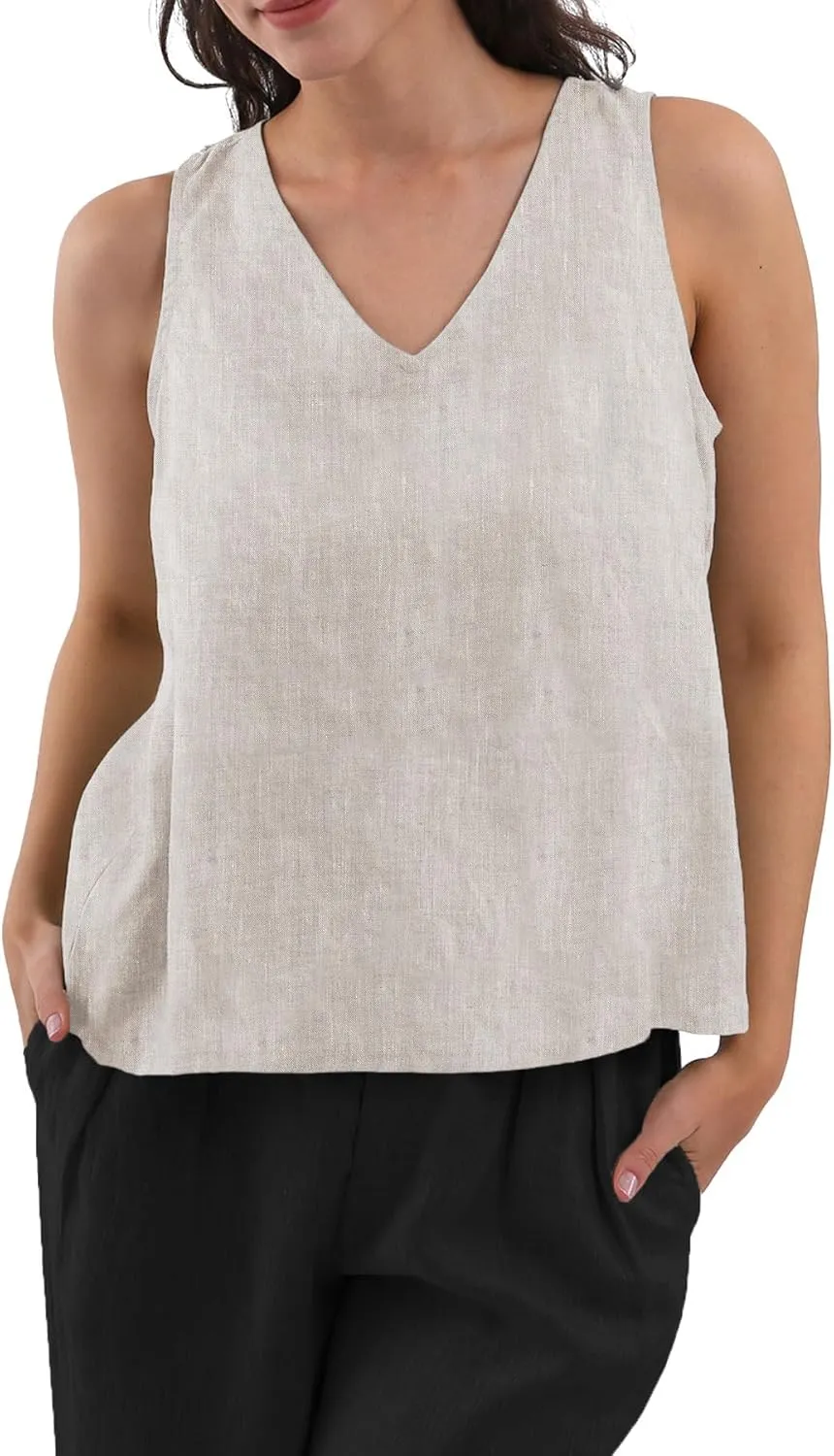 Amazhiyu Women's 100% Linen Tank Tops Summer V Neck Sleeveless Tie Back Blouses