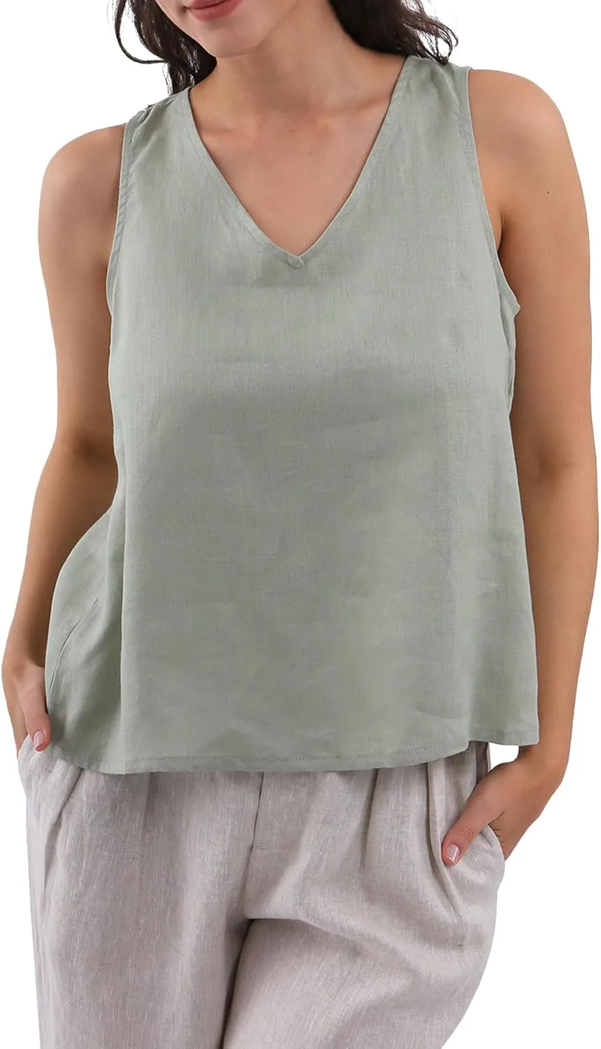 Amazhiyu Women's 100% Linen Tank Tops Summer V Neck Sleeveless Tie Back Blouses