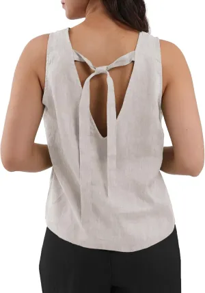 Amazhiyu Women's 100% Linen Tank Tops Summer V Neck Sleeveless Tie Back Blouses